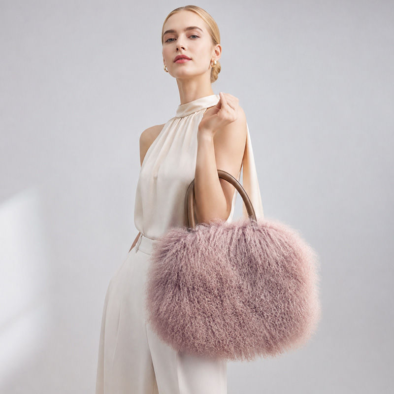 Thumbnail: Mongolian Sheepskin Tote Bag in Soft Lilac