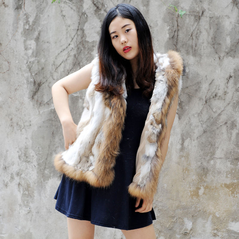Thumbnail: Rabbit fur Hooded Gilet With Raccoon Fur Trim