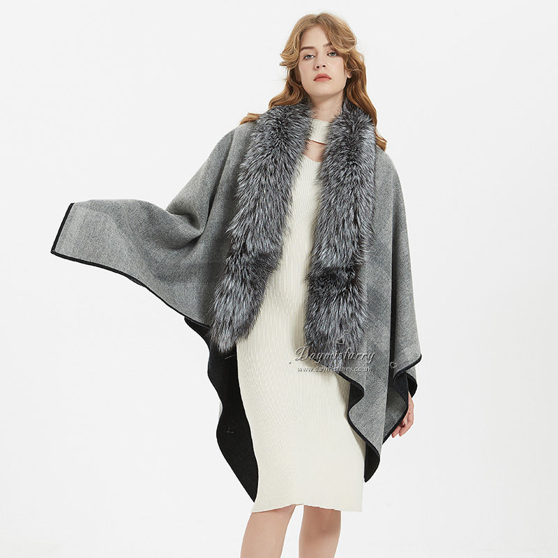 Thumbnail: Wool Cape With Silver Fox Fur Trim