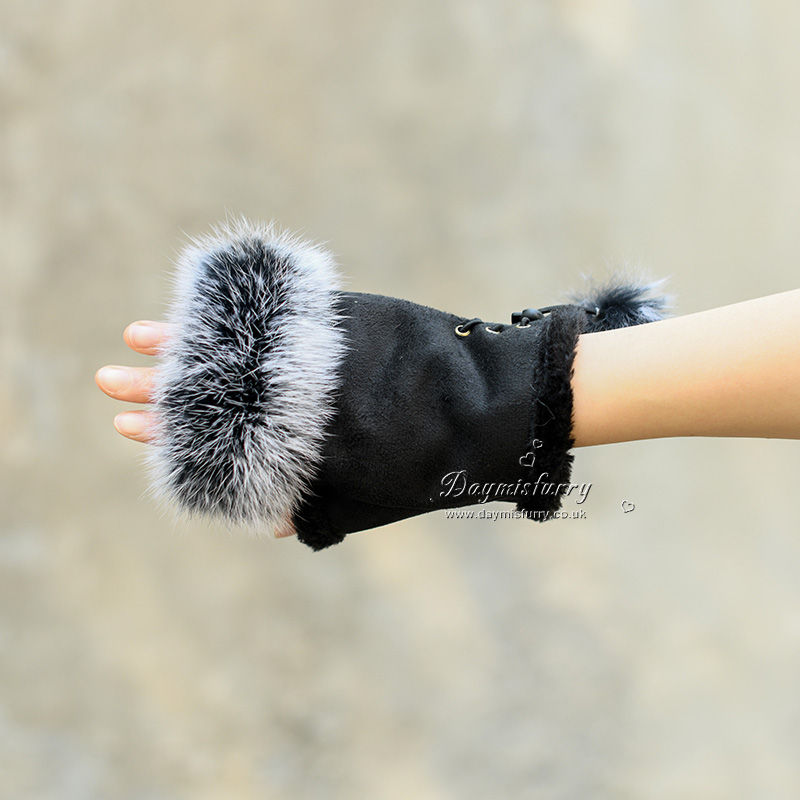 Thumbnail: Micro-suede Fingerless Gloves with Rabbit Fur Trim