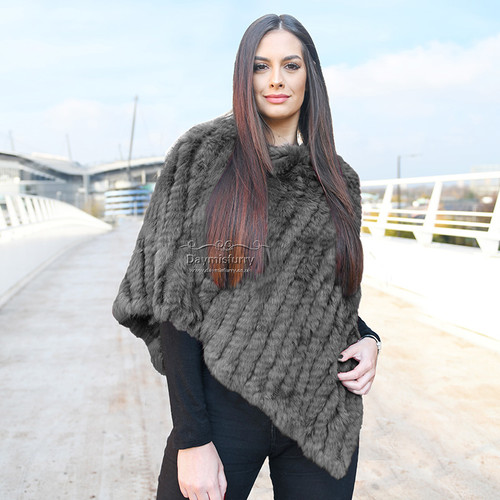 Knit Rabbit Fur Poncho in Charcoal | daymisfurry