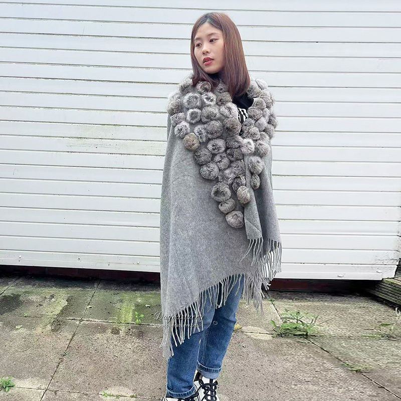 Thumbnail: Wool Shawls With Rabbit Fur Balls in Grey