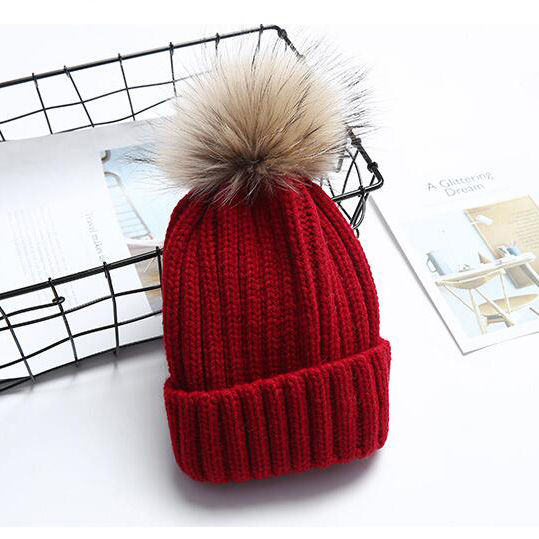 Thumbnail: Kid's Beanie Hat With Fur Pom Poms