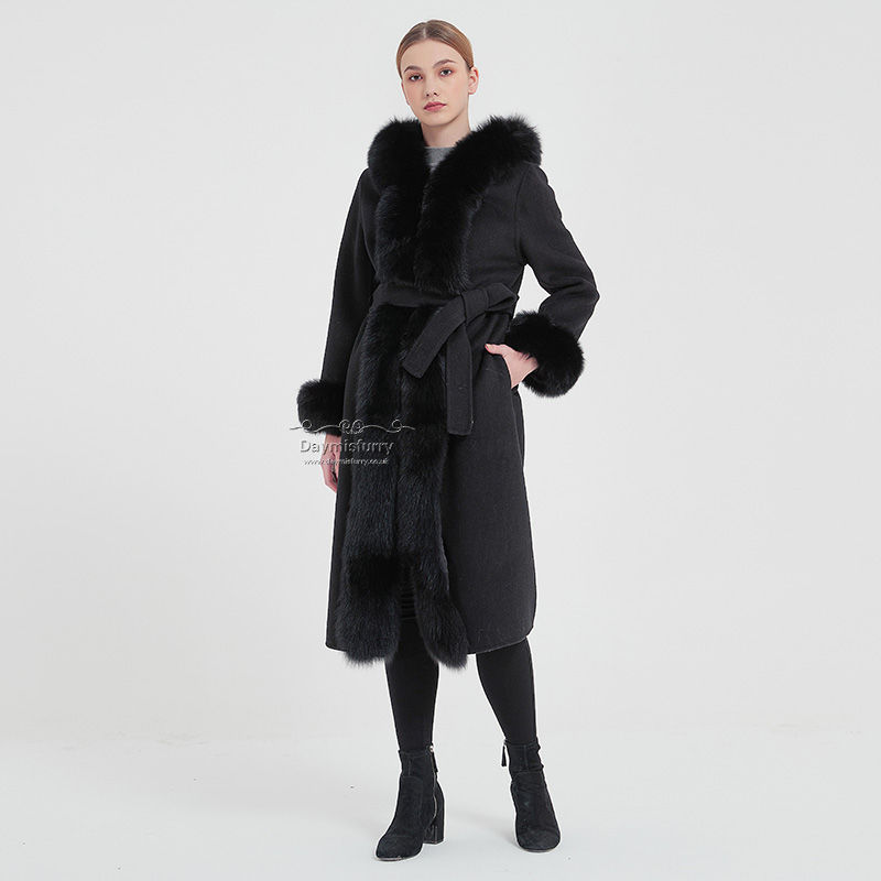 Thumbnail: Cashmere Wool Hooded Coat With Fox Fur Trim in Black