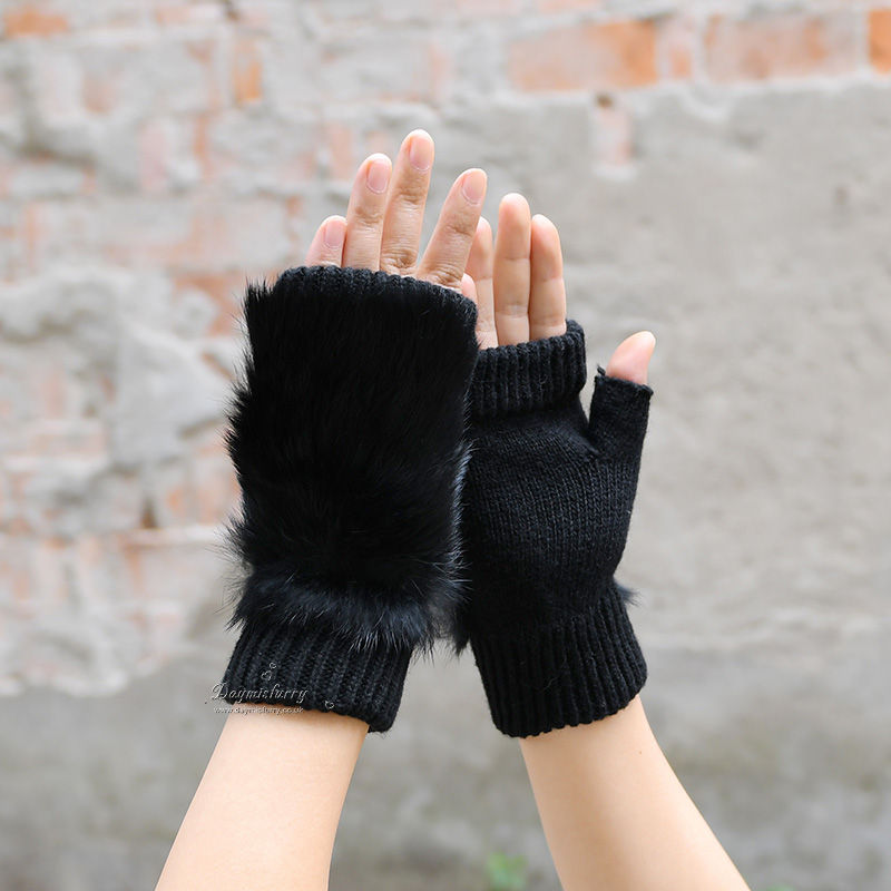 Thumbnail: Rabbit Fur Knit Fingerless Gloves  in Black