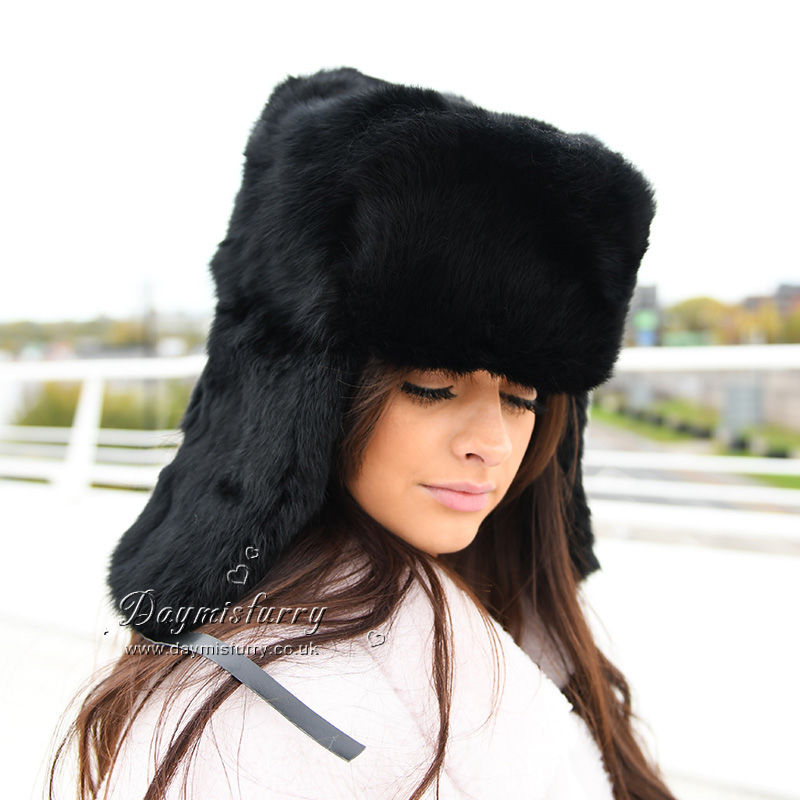Thumbnail: Black Rabbit Fur Ushanka Hat