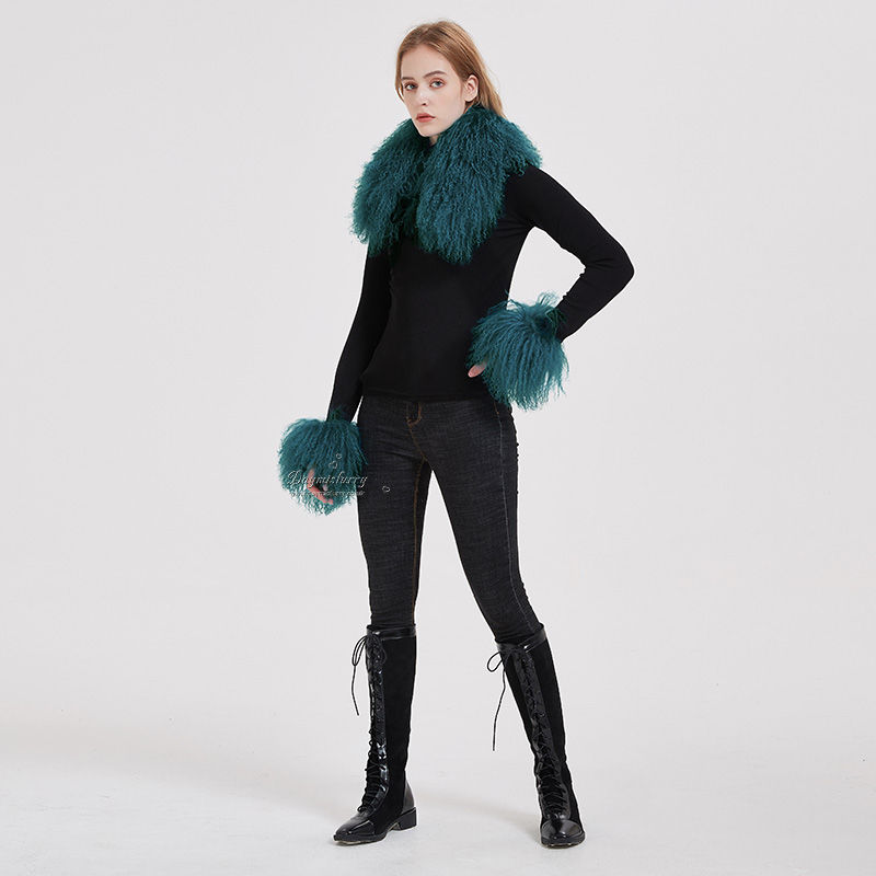 Thumbnail: Mongolian Sheepskin Collar & Slap On Bracelet Set in Turquoise