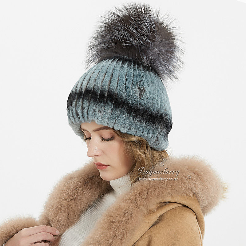 Thumbnail: Rex Rabbit Fur Beanie Hat With Fox Fur Pom Pom