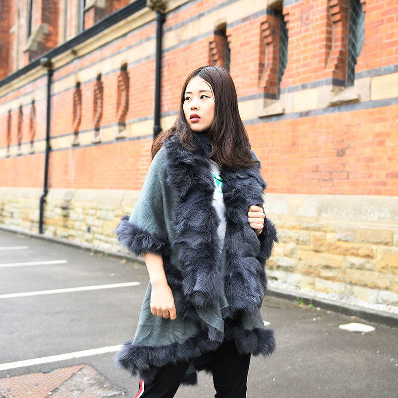 Thumbnail: Layered  Fox Fur Trim Cape in Grey