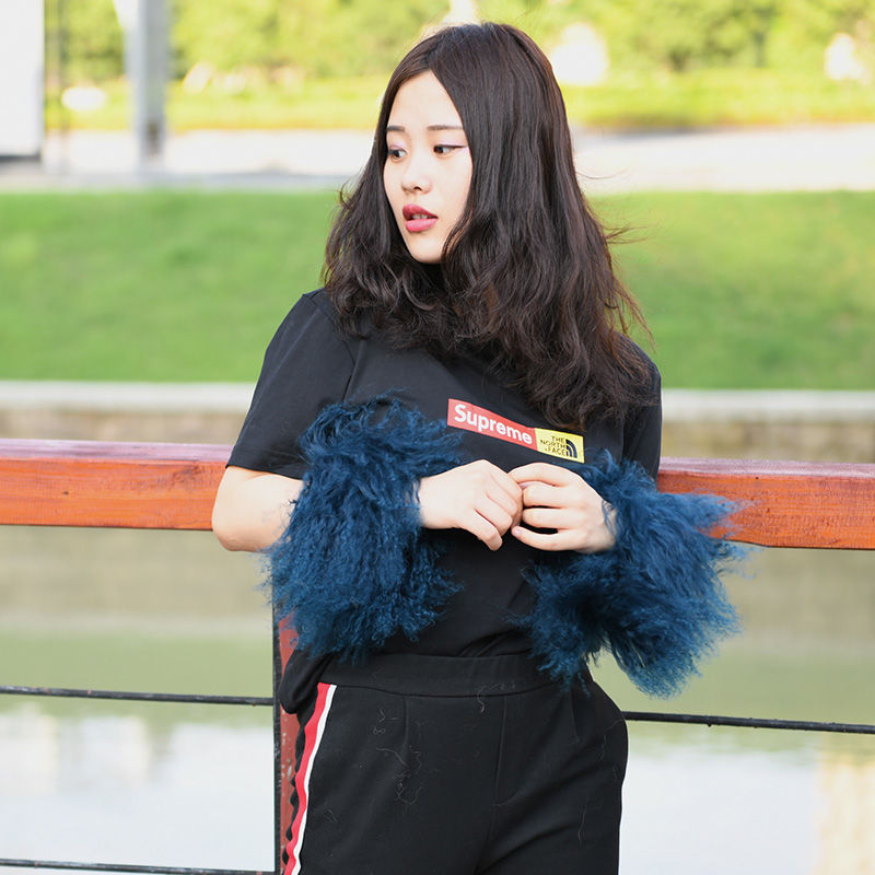 Mongolian Lamb Fur Slap On Cuff Bracelet In Navy