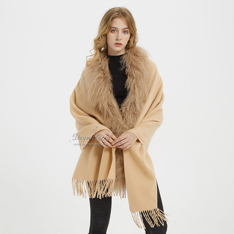 Thumbnail: Wool Shawl with Mongolian Sheepskin Trim