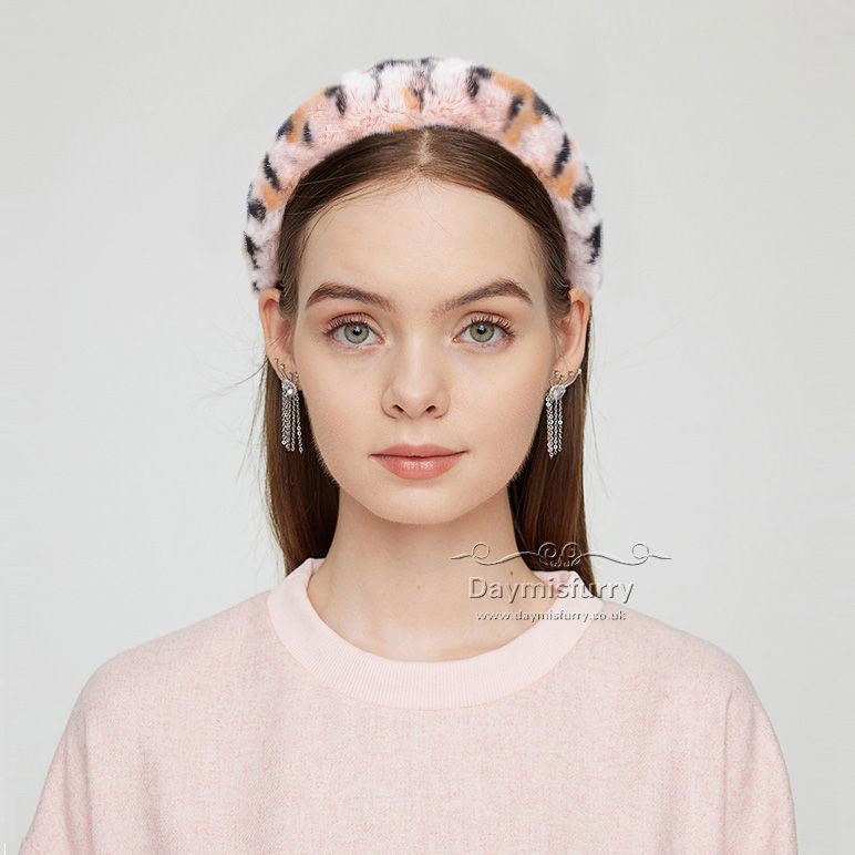 Thumbnail: Rex Rabbit Fur Headband in Pink Leopard