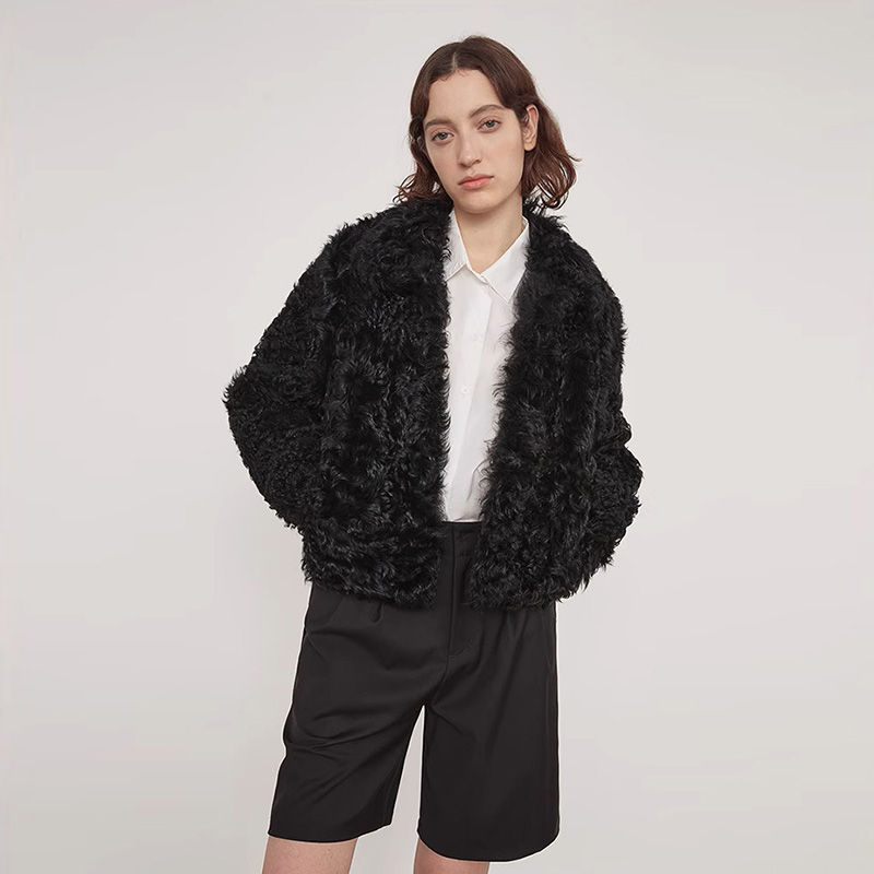 Thumbnail: Curly Lamb Fur Jacket  in Black