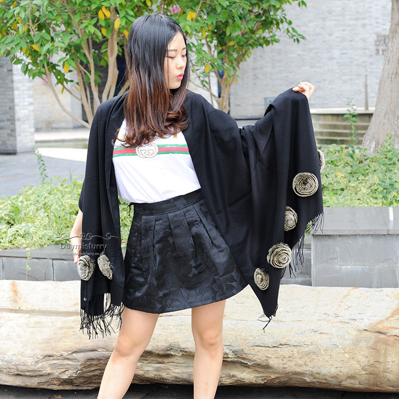 Thumbnail: Cashmere-Like Shawl With Rex Rabbit Fur Flower in Black