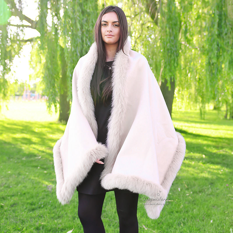 Thumbnail: Wool Cape with Fox Fur Trim in Beige