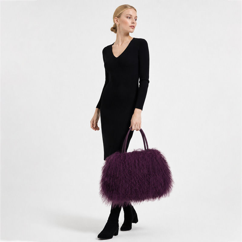 Thumbnail: Deep Plum Mongolian Sheepskin Tote Bag