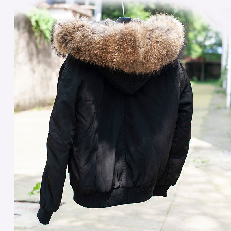 Thumbnail: Rabbit Fur Lined Bomber Coat With Raccoon Fur Collar
