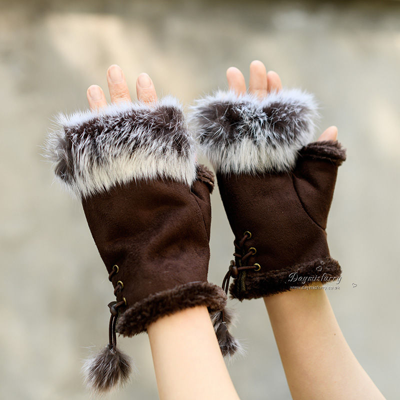 Thumbnail: Micro-suede Fingerless Gloves with Rabbit Fur Trim