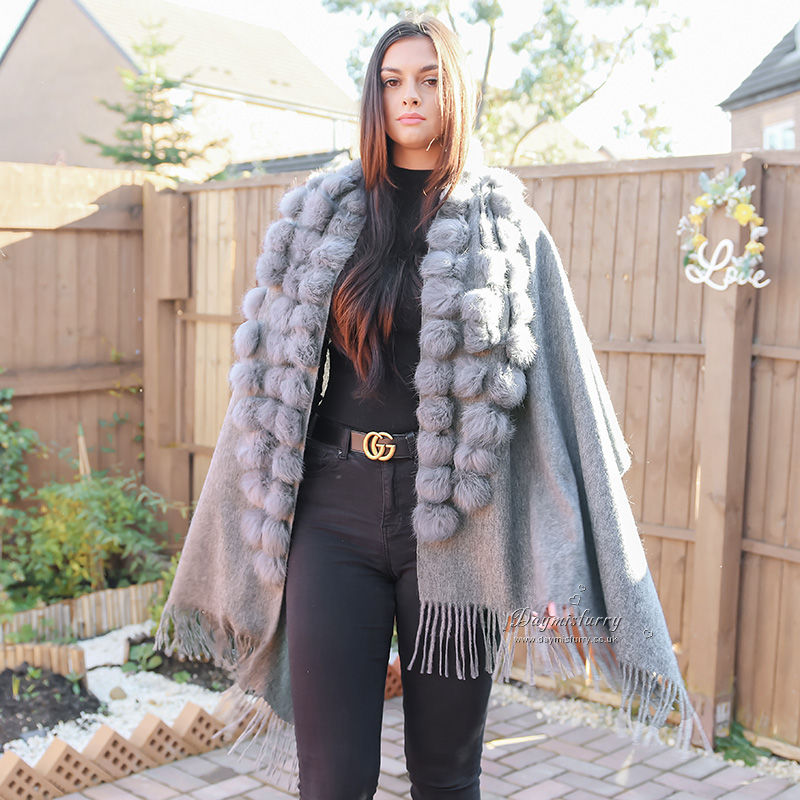 Thumbnail: Wool Shawl With Rabbit Fur Balls