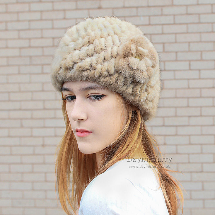 Thumbnail: Knit Mink Fur Beanie Hat with Mink Fur Flower