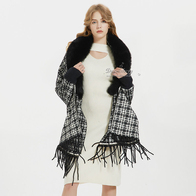 Thumbnail: Black Fox Fur Collar Wrap Cape