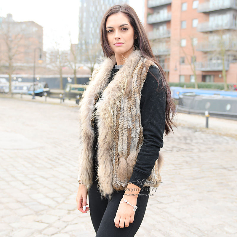 Thumbnail: Knit Rabbit  Fur Vest With Raccoon Fur Trim