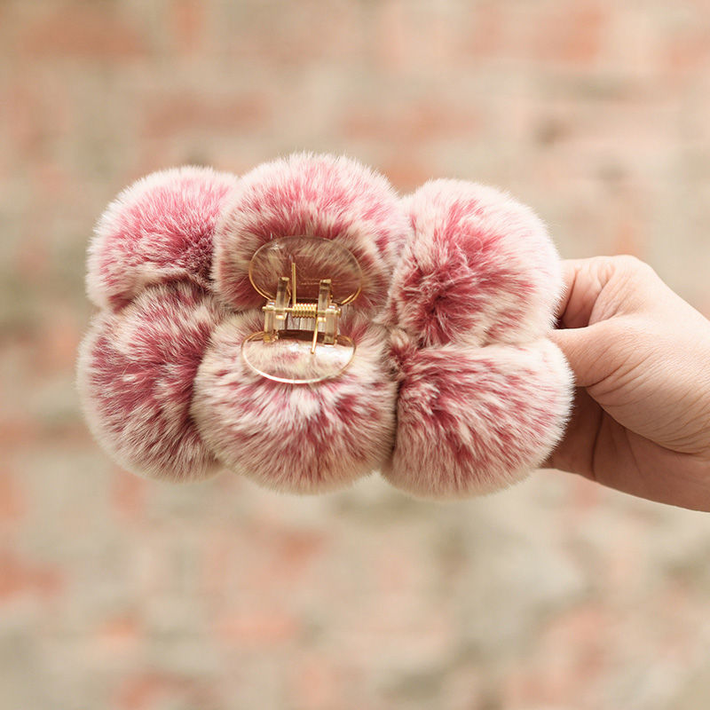 Thumbnail: Rex Rabbit Fur Pom Pom Hair Claw Clips in Pink Frost