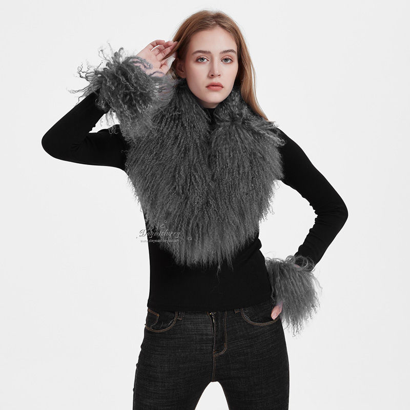 Thumbnail: Mongolian Lamb Wool  Collar & Bracelet Set in Charcoal
