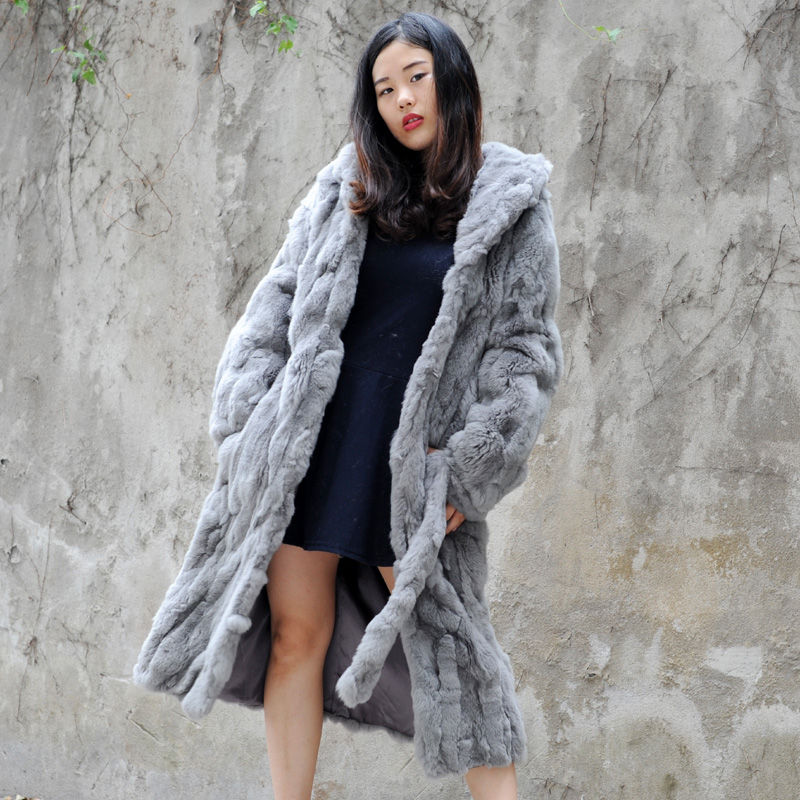 Thumbnail: Pieced Rex Rabbit Fur Belt Coat in Black