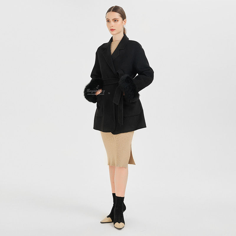 Thumbnail: Wool Blazer with Fox Fur Cuffs in Black