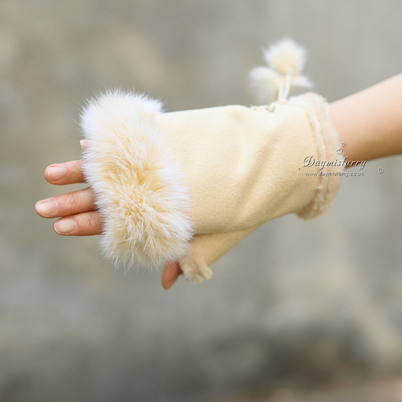 Thumbnail: Micro-suede Fingerless Gloves with Rabbit Fur Trim