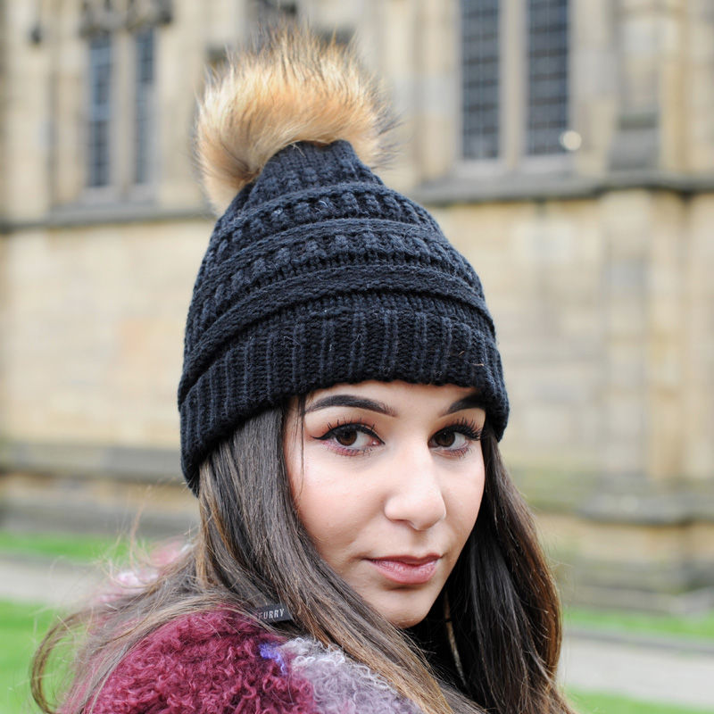 Thumbnail: Knit Beanie Hat With Finn Raccoon Pom Pom