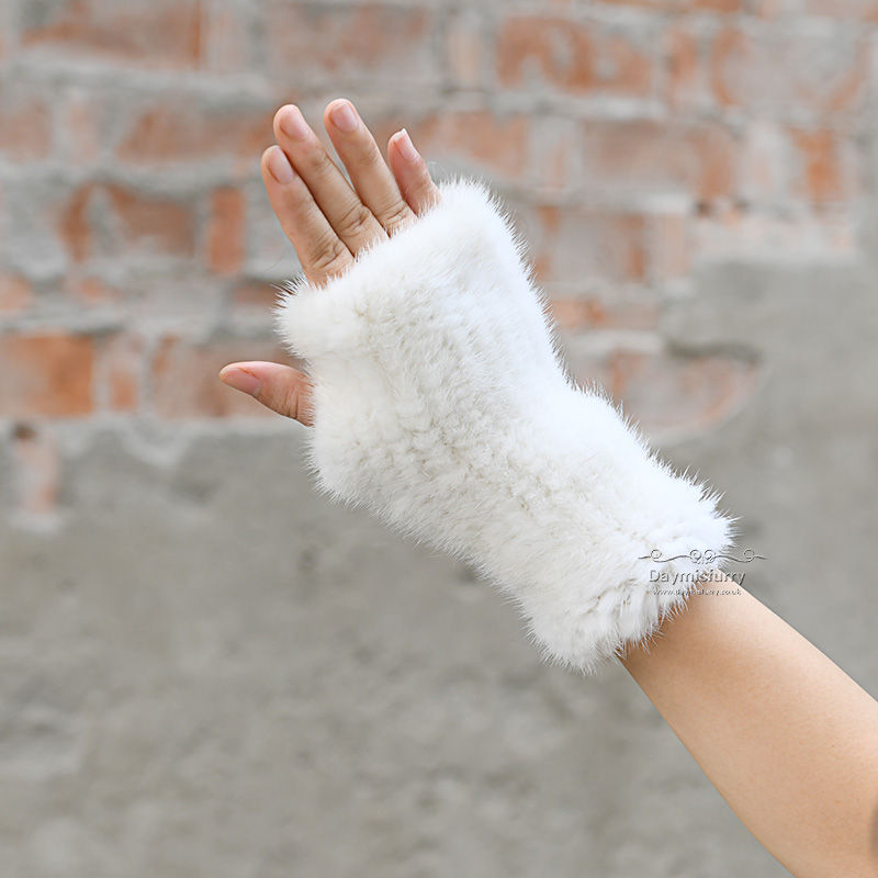 Thumbnail: Knit Mink Fur Fingerless Glove in White