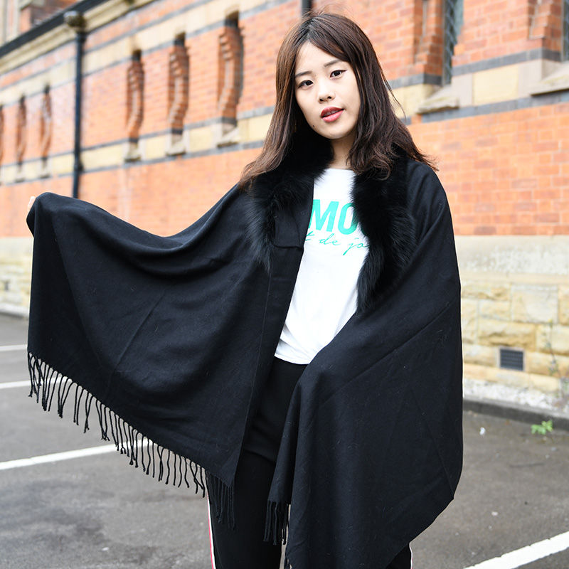 Thumbnail: Cashmere-like Cape With Fox Fur Trim in Black