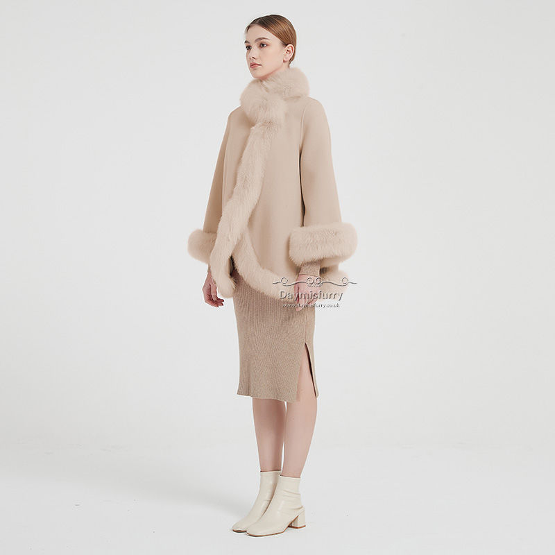Thumbnail: Wool Fox Fur Wrap Coat in Beige