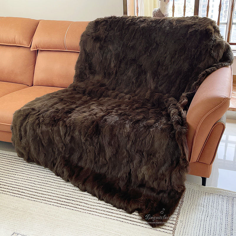Thumbnail: Patchwork Rabbit Fur Blanket Carpet in Chocolate