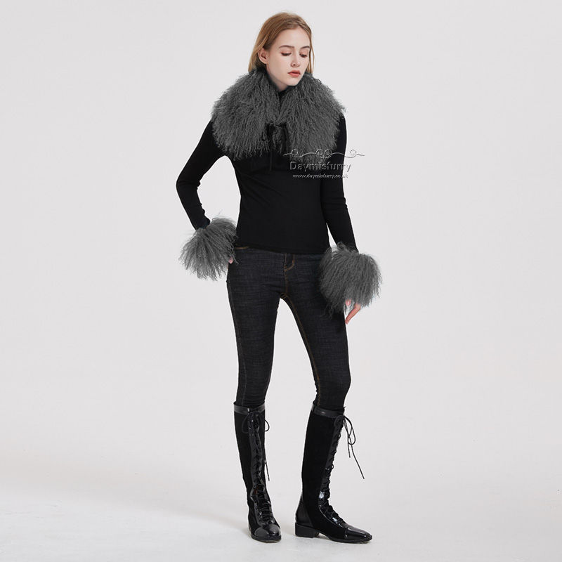 Thumbnail: Mongolian Lamb Wool  Collar & Slap On Bracelet Set