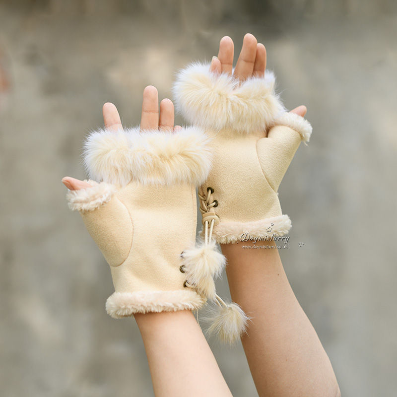 Thumbnail: Micro-suede Fingerless Gloves with Rabbit Fur Trim