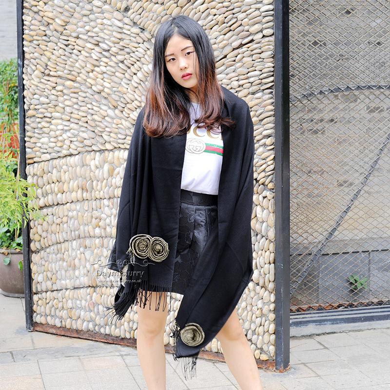 Thumbnail: Cashmere-Like Shawl With Rex Rabbit Fur Flower in Black