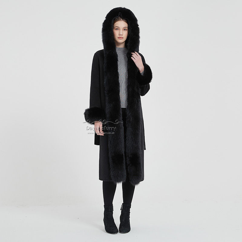 Thumbnail: Cashmere Wool Hooded Coat With Fox Fur Trim in Black