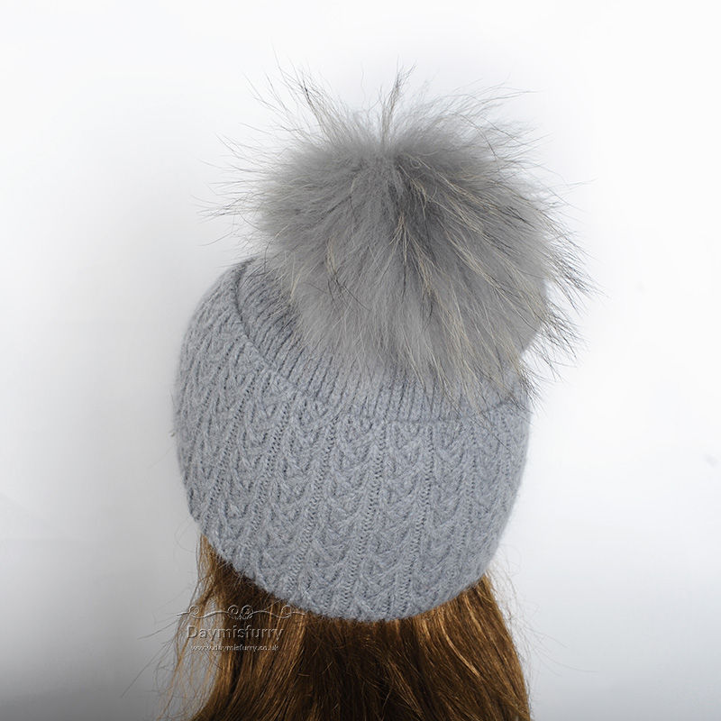 Thumbnail: Knit Beanie With  Raccoon Fur Pom Pom in Grey