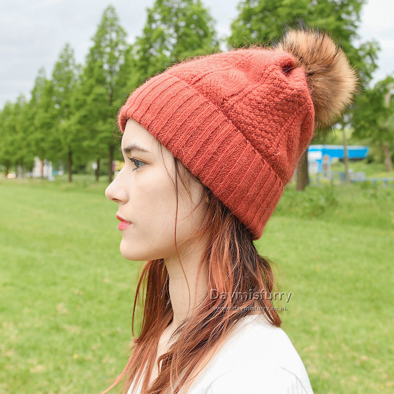 Thumbnail: Rabbit Hair Knit Hat With  Fur Pom Pom
