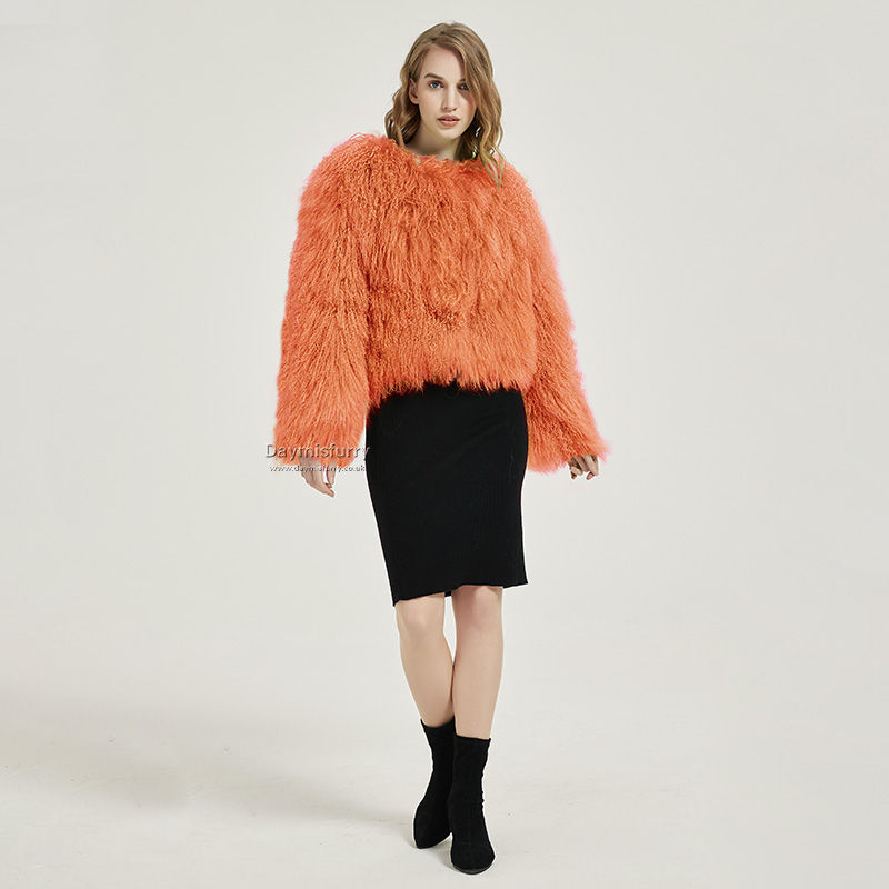 Thumbnail: Mongolian Sheepskin Wool Jacket in Orange