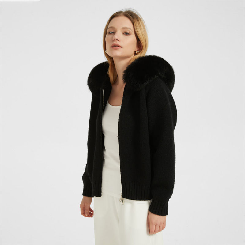 Thumbnail: Sweater Hoody with Fox Fur Trim in Black