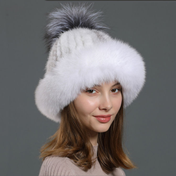 Fox Fur Roller Mink Fur Hat With Fox Fur Pom Pom