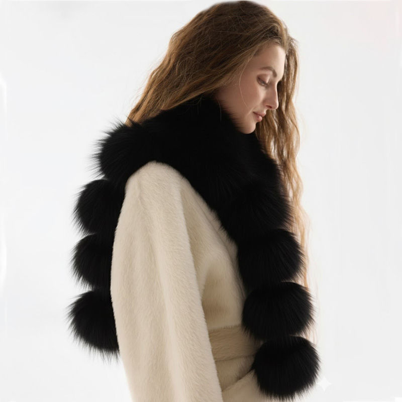 Thumbnail: Black Fox Fur Pom Pom Scarf