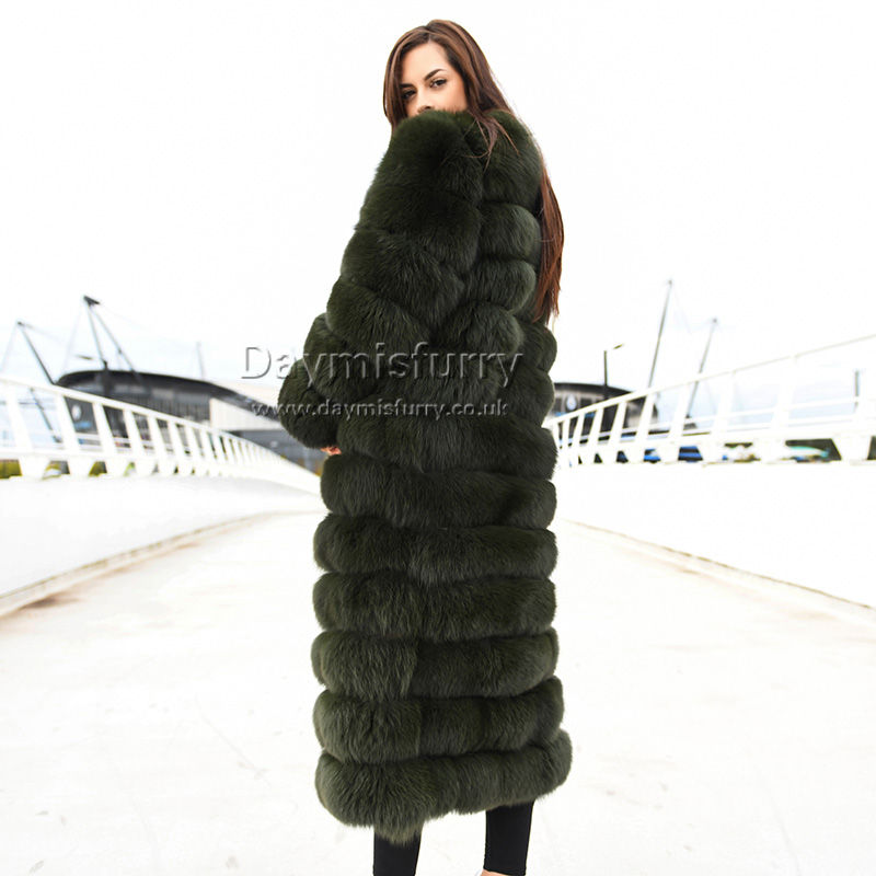Thumbnail: Fox Horizontal Fur Long Coat in Olive