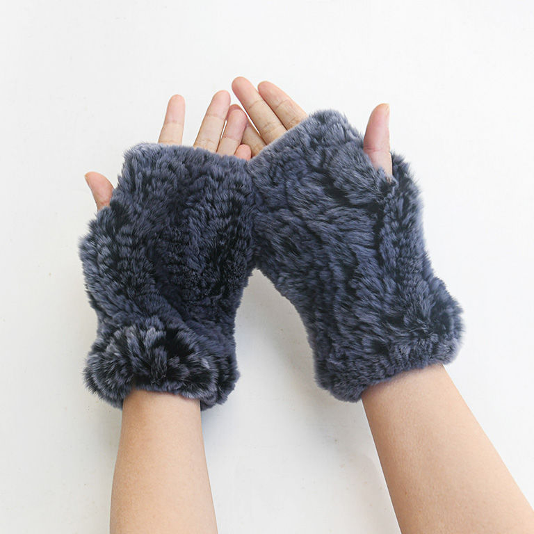 Thumbnail: Knit Rex Rabbit Fur Fingerless Gloves