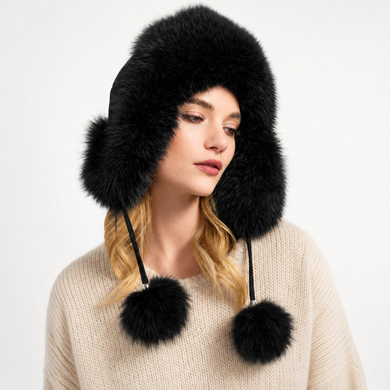 Thumbnail: Unisex Fox Fur Trooper Hat in Black