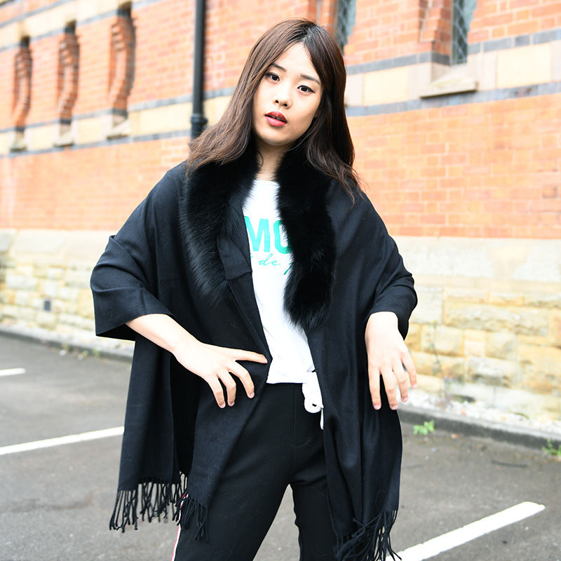 Thumbnail: Cashmere-like Cape With Fox Fur Trim in Black